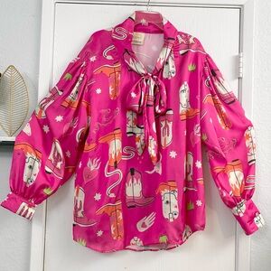 Bululu  Pink Western Print Satin Long Sleeves Blouse Size XL